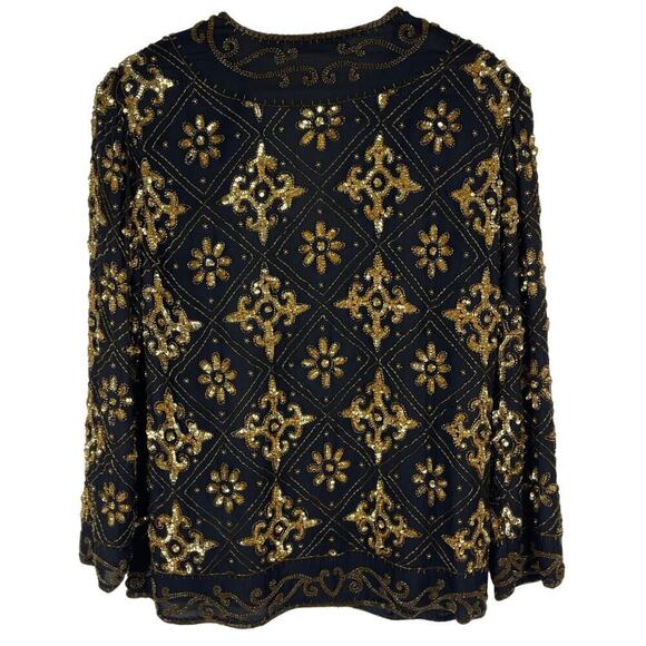 Vintage 80s Scala Jacket Women's Large Black Silk Gold Beaded Evening Party - Picture 2 of 10